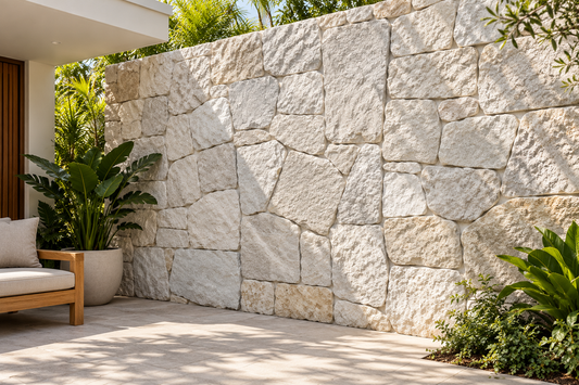 Sunwashed white mixed sandstone stones from The Nurso for courtyard wall construction, showcasing natural textured stone surfaces.