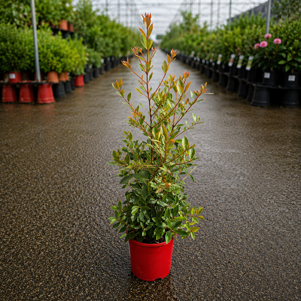 Bright red Metrosideros Fiji Fire shrub from The Nurso with lush green foliage and vibrant flowers.