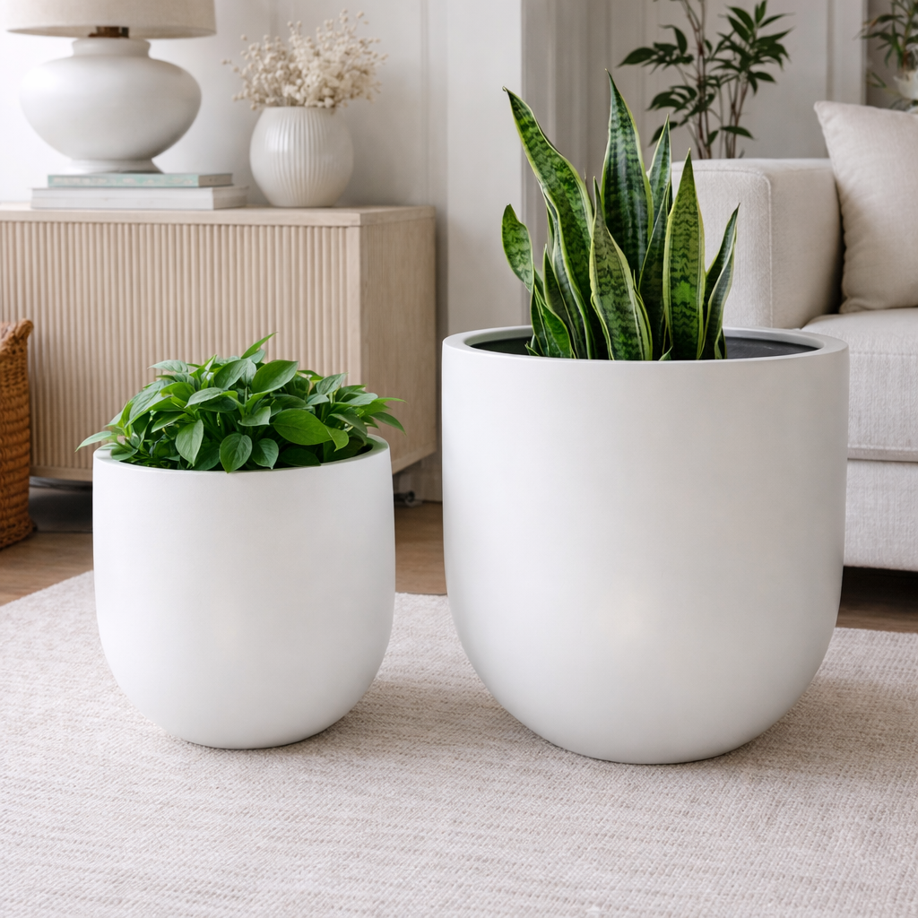 White cedar egg pot with a smooth, rounded shape and a lid, designed for cooking or serving eggs.