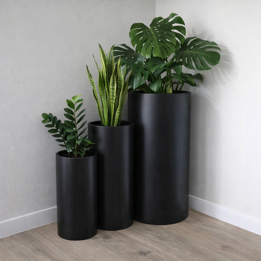 Tall black cedar cylinder container by The Nurso, featuring a sleek cylindrical design and smooth black finish.