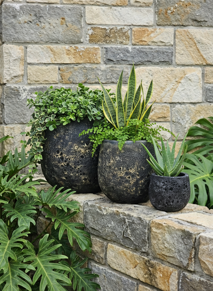 Black Atlantis Belly Egg Pot, 23cm x 21cm, made by Atlantis, showing the unique egg-shaped design and smooth black finish.