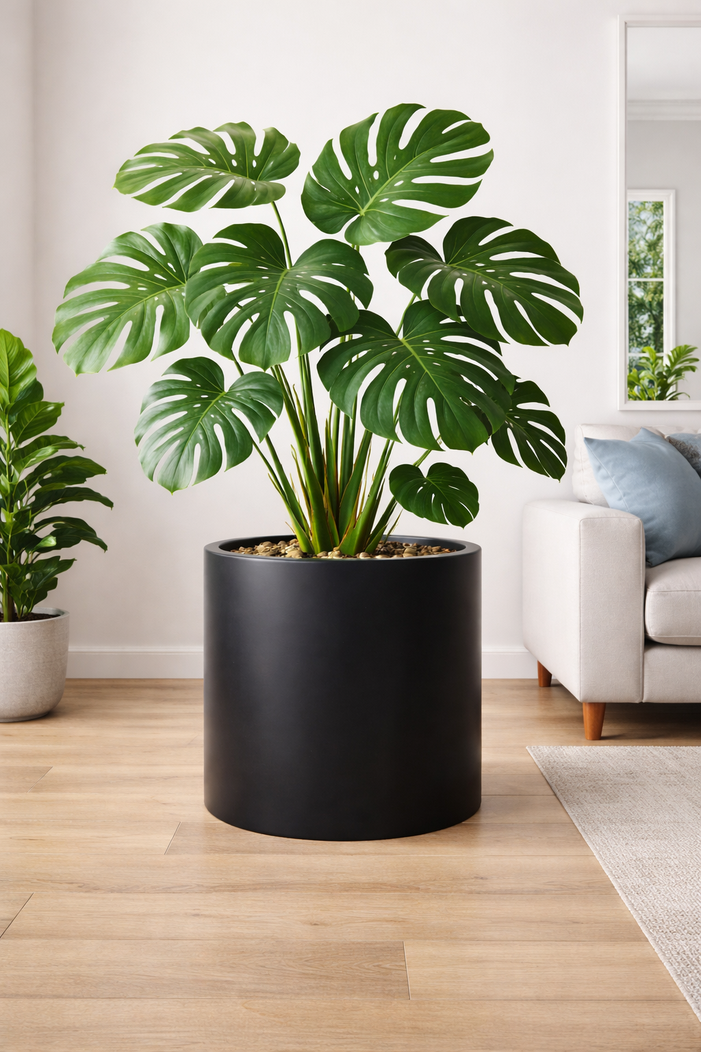 Black cedar cylinder pot with a smooth finish, measuring 23cm in diameter and height, ideal for indoor or outdoor plants.