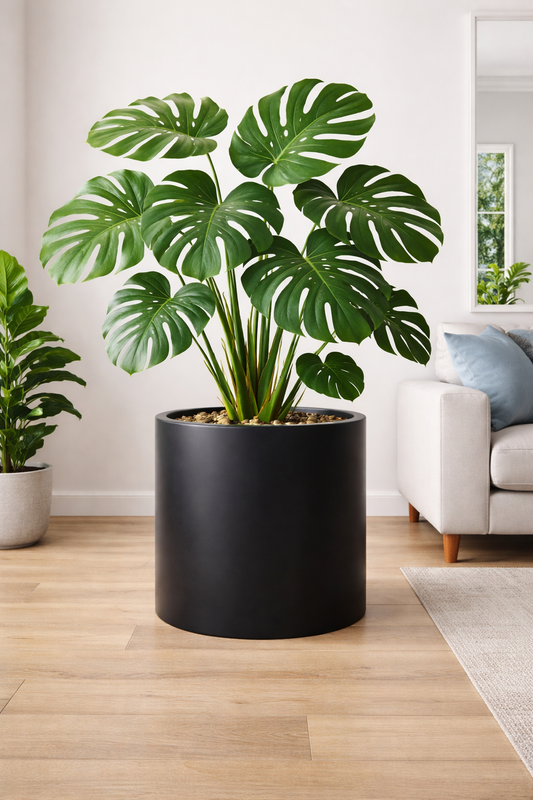 Black cedar cylinder planter by The Nurso, showcasing a sleek design and natural wood texture.