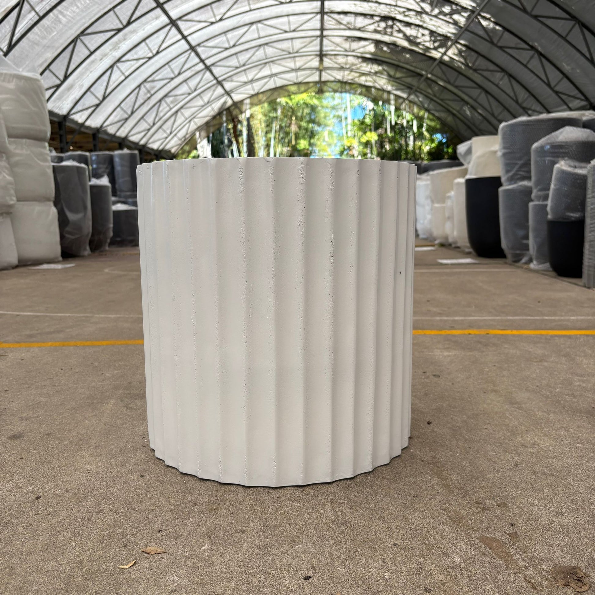 White Cedar Ribbed Cylinder Pot with vertical ribbed texture, 23cm height and 20cm diameter, ideal for indoor plants.