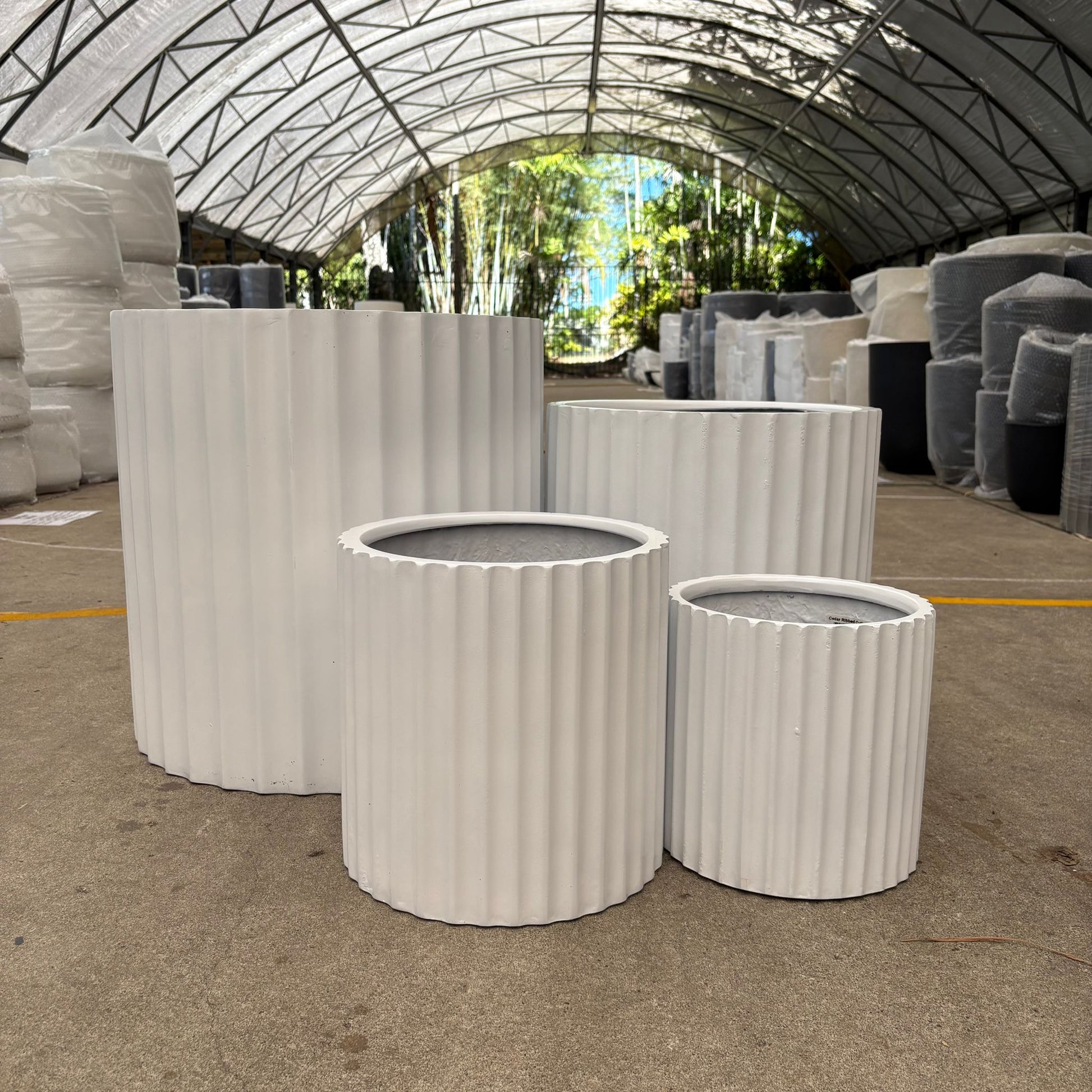 White cedar ribbed cylinder pot with a smooth finish, measuring approximately 23cm in height and width, ideal for indoor plants.
