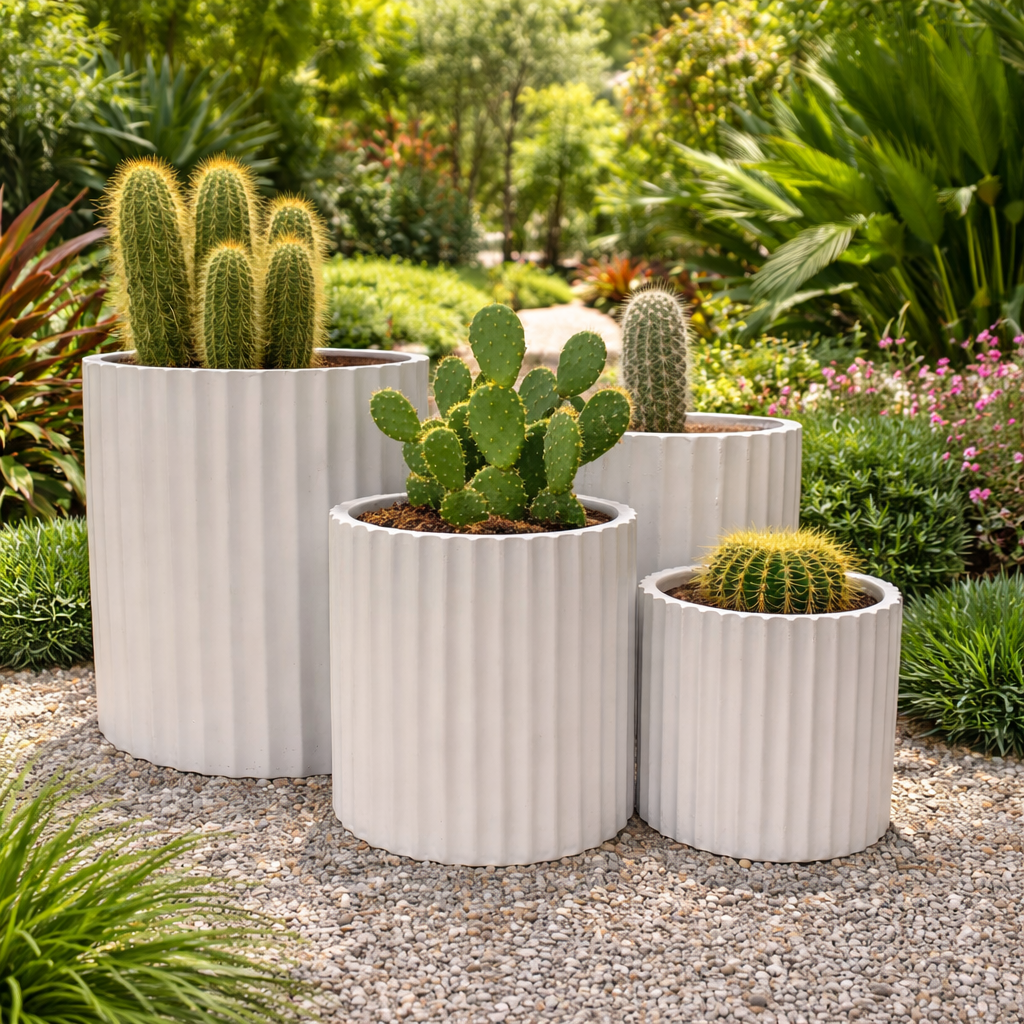 White Cedar ribbed cylinder pot with a smooth, modern design, measuring 23cm in height and width, perfect for indoor plants.