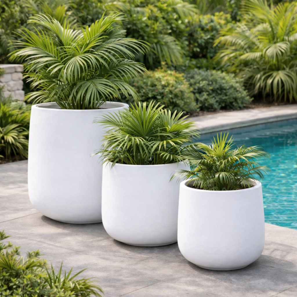 White Tuscan cigar pot by The Nurso, 24cm wide and 25cm high, featuring a classic ceramic design suitable for outdoor or indoor use.