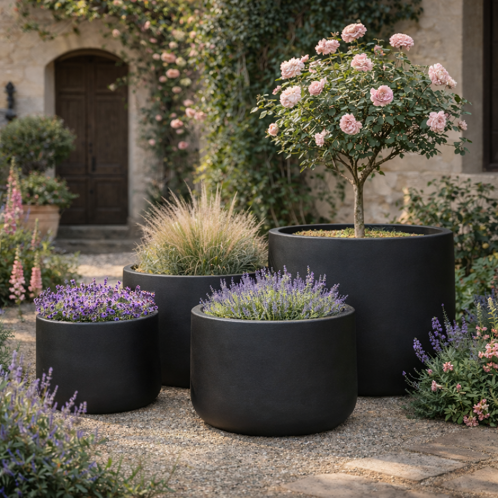 Black Tuscan Drum Pot with a 27cm diameter and 22cm height, featuring a modern, stylish design perfect for outdoor or indoor use.