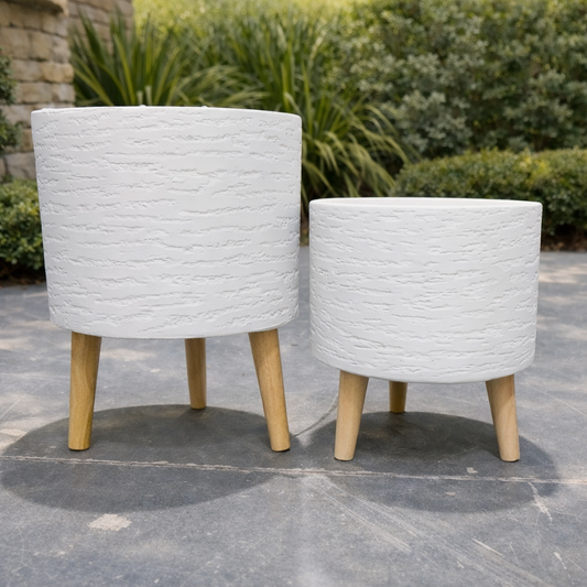 White Tuscan Cylinder Tripod Pot with a tall, sleek design and tripod stand, measuring 27cm diameter and 35cm height.