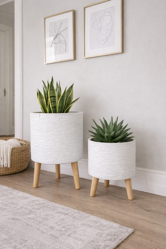 White Tuscan Cylinder Tripod Pot, 27cm diameter and 35cm height, with a sleek design and tripod stand for indoor or outdoor use.