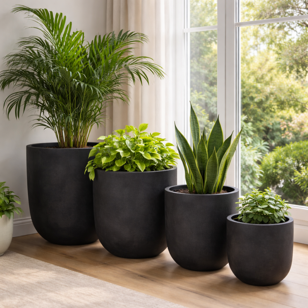 Black Tuscan Egg Pot by The Nurso, 28cm x 26cm, shown with a smooth black finish and classic egg-shaped design.