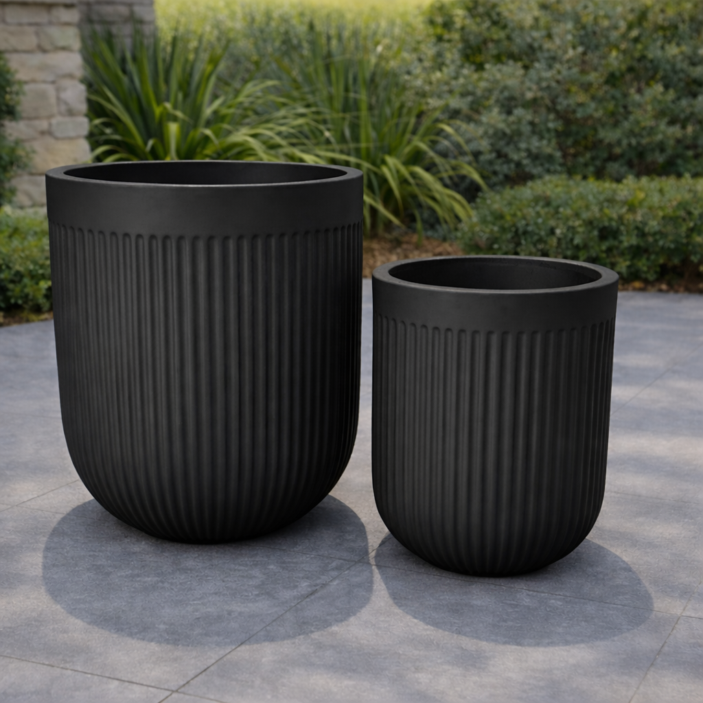 Black Tuscan Ribbed Belly Pot by The Nurso, 30cm x 41cm, featuring a textured ribbed design and rounded shape for indoor or outdoor use.