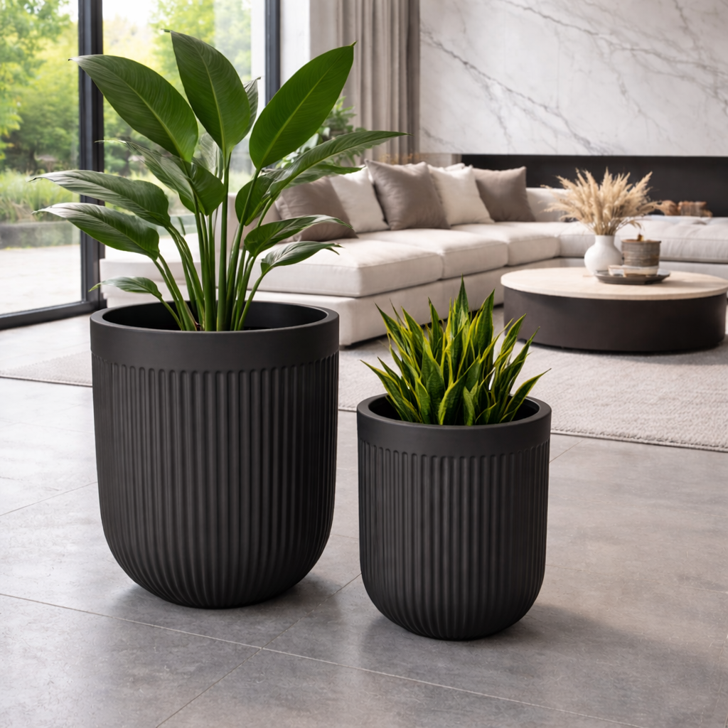 Black Tuscan Ribbed Belly Pot by The Nurso, 30cm diameter and 41cm height, with textured ribbed design for stylish indoor or outdoor use.