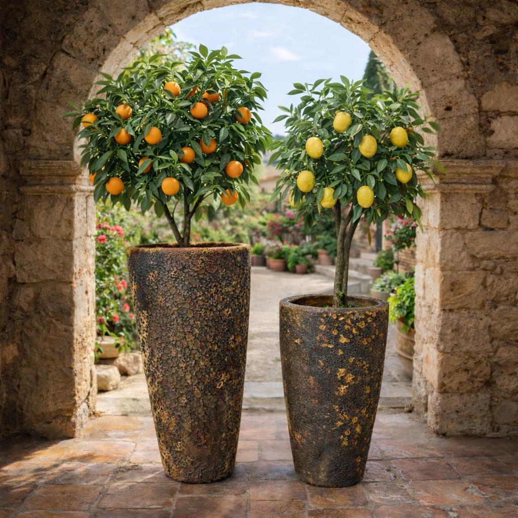 Rust-colored Atlantis Narrow U Pot by Atlantis, 30cm wide and 60cm tall, with a modern U-shaped design for indoor or outdoor use.