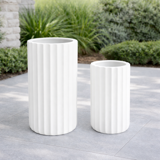 Tuscan Fluté White ceramic vase by The Nurso with intricate fluted design and elegant white finish.