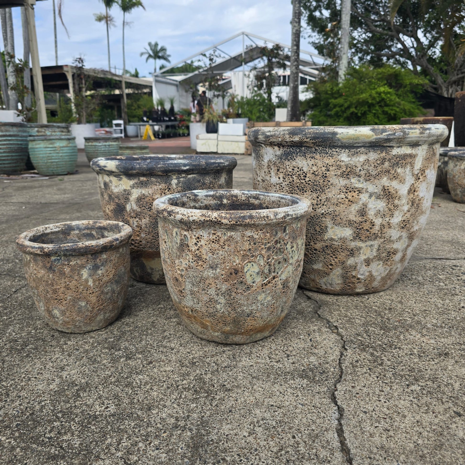 Atlantis wide egg pot with volcano finish in cream, 32cm x 27cm, featuring a textured volcanic surface and sturdy handles.