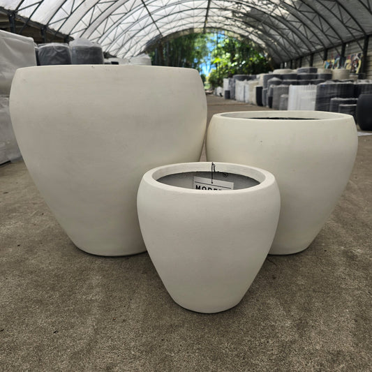 White Senera Tall Belly Pot with a large, rounded shape and tall design, ideal for indoor or outdoor plant displays.