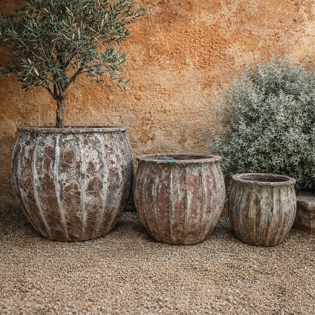 Green and brown vertically ribbed ceramic pot from Atlantis, 32cm diameter and 35cm height, with a modern ribbed design.