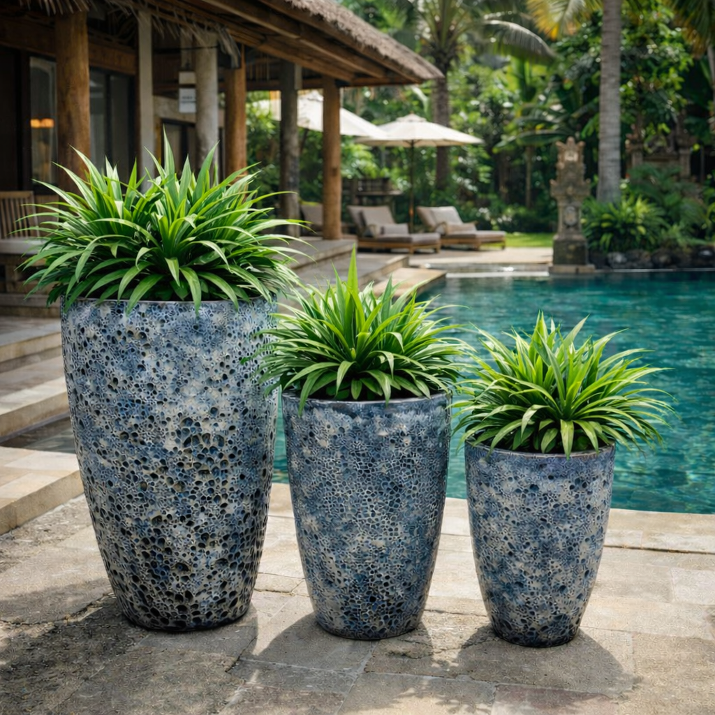 Blue Atlantis Tall U Pot, 34cm diameter and 60cm height, featuring a modern U-shaped design for indoor or outdoor plants.