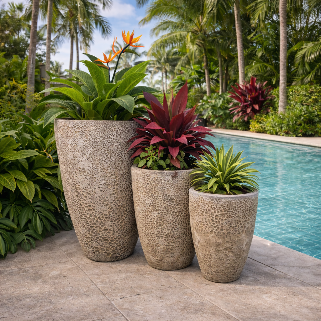 Tall U-shaped garden pot by Atlantis in cream color, measuring 34cm wide and 60cm tall, ideal for outdoor plants.