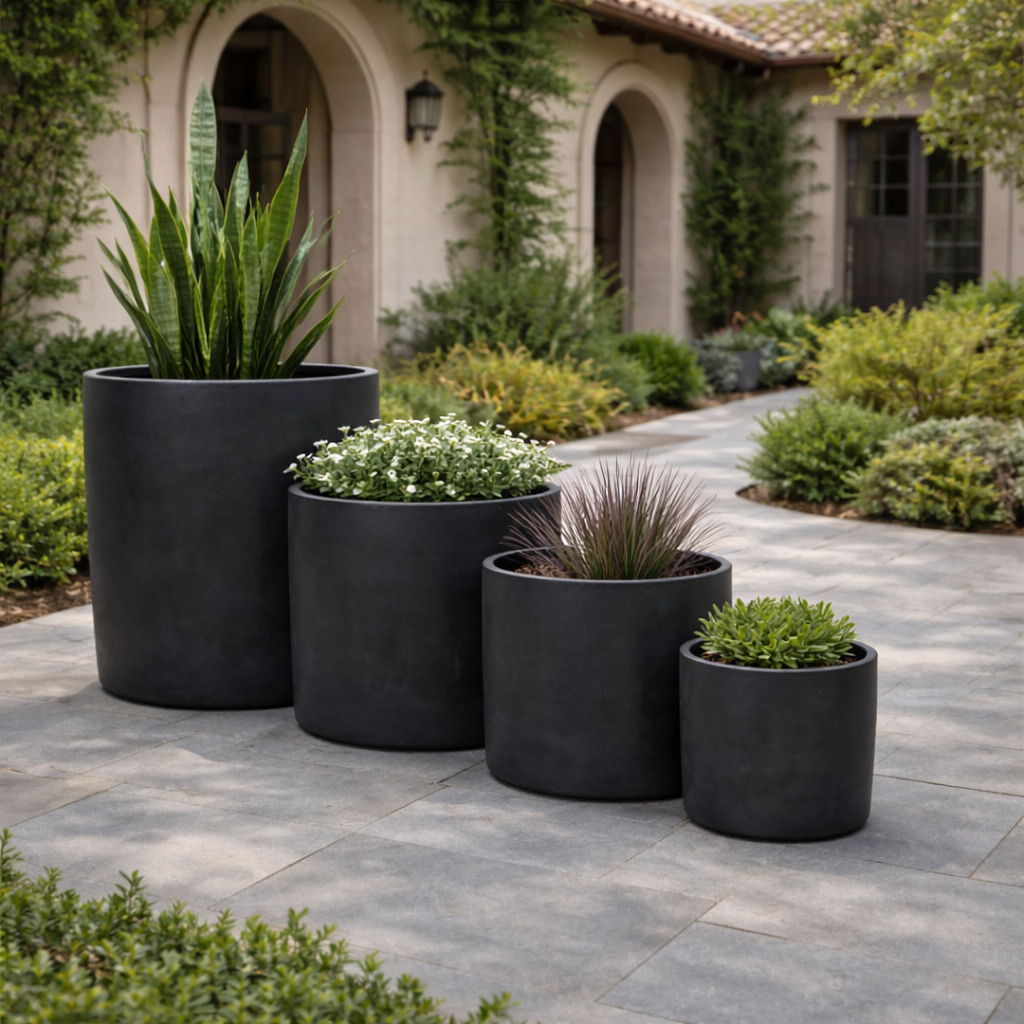 Black Tuscan Cylinder Pot by The Nurso, 35cm tall and wide, with a sleek matte finish and classic cylindrical shape.