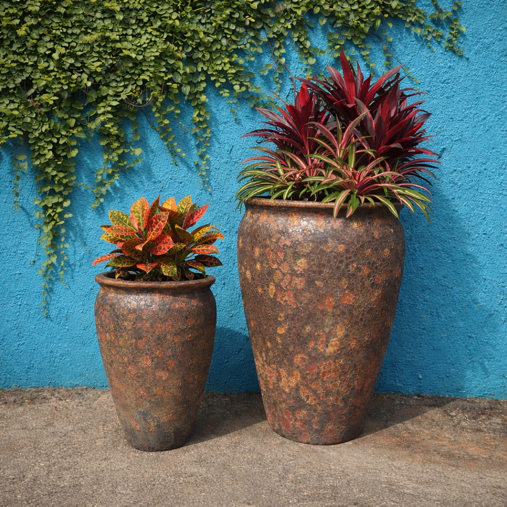 Rust-colored Atlantis Wide Jar Pot with a wide opening and sturdy design, perfect for decorative or functional use.