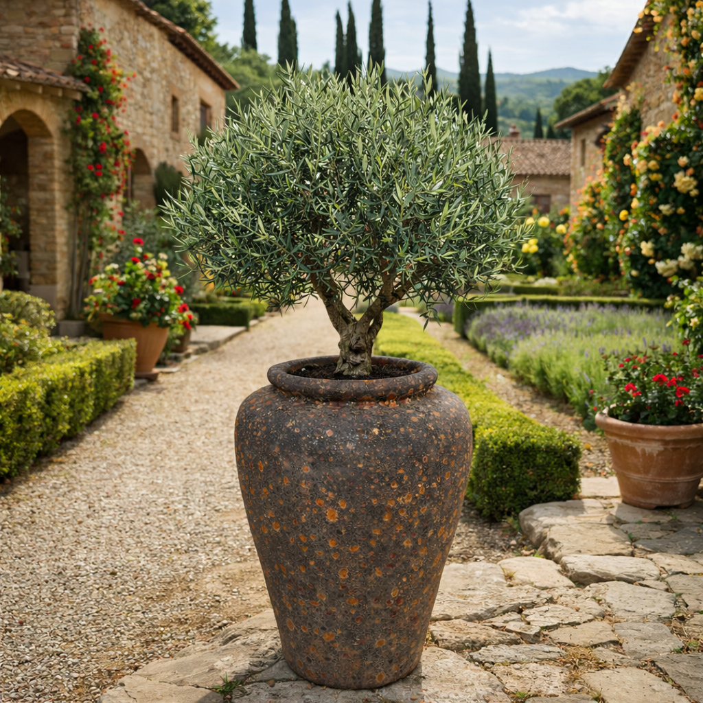 Rust-colored Atlantis narrow jar pot with a tall, slender design, ideal for decorative or plant display purposes.