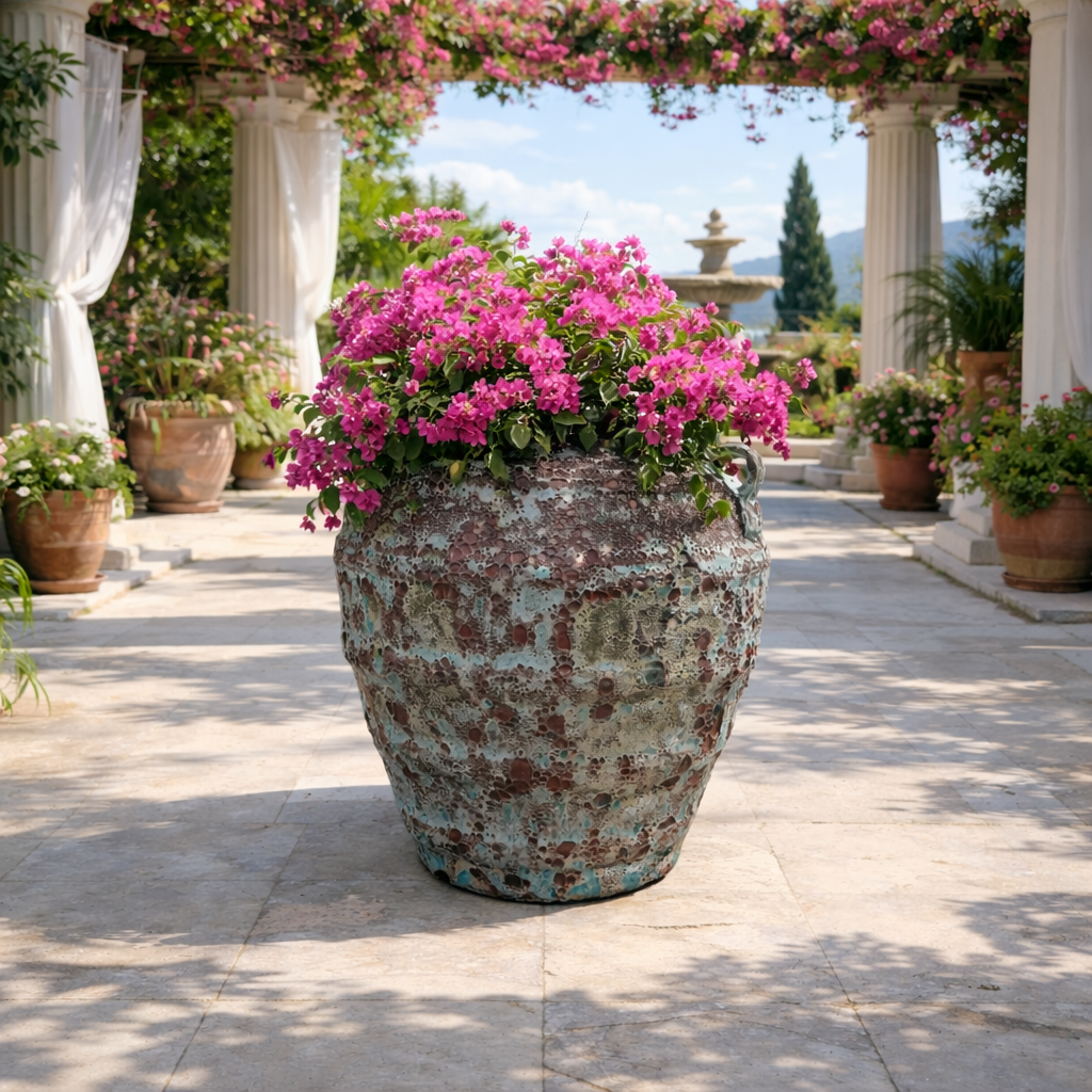 Green and brown Atlantis jar pot with a classic design, measuring 58cm wide and 74cm high, by Atlantis.